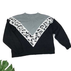 80s Inspired Color Block Leopard Knit Sweater Gray